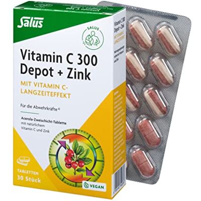 Salus C-300-Depot + Zink – 1x 30 Tabletten Nahrungsergänzungsmittel mit Vitamin C und Zink mit natürlichem Vitamin C aus Acerola vegan Salus C-300-Depot + Zink – 1x 30 Tabletten Nahrungsergänzungsmittel mit Vitamin C und Zink mit natürlichem Vitamin C aus Acerola vegan