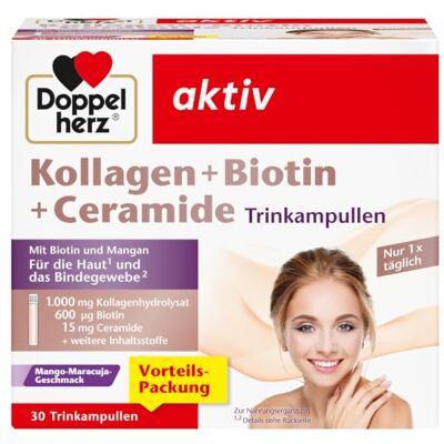 Doppelherz Kollagen + Biotin + Ceramide mit Mango-Maracuja Geschmack Biotin, Vitamin B2, Niacin und Zink unterstützen den Erhalt normaler Haut praktische Trinkampullen 30 Trinkampullen Doppelherz Kollagen + Biotin + Ceramide mit Mango-Maracuja Geschmack Biotin, Vitamin B2, Niacin und Zink unterstützen den Erhalt normaler Haut praktische Trinkampullen 30 Trinkampullen