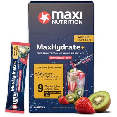 MaxiNutrition MaxNutrition MaxHydrate+ Immun Elektrolyte 8 Sticks á 1.389 mg Elektrolyten, Vitamin C + D3 & Zink, Isotonisches Getränkepulver; Bessere Versorgung mit Flüssigkeit, Strawberry Kiwi, Vitamin Drink MaxiNutrition MaxNutrition MaxHydrate+ Immun Elektrolyte 8 Sticks á 1.389 mg Elektrolyten, Vitamin C + D3 & Zink, Isotonisches Getränkepulver; Bessere Versorgung mit Flüssigkeit, Strawberry Kiwi, Vitamin Drink