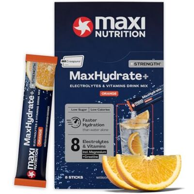 MaxiNutrition MaxNutrition MaxHydrate+ Strength Elektrolyte 8 Sticks á 1.469 mg Elektrolyten & 3 g Kreatin, Isotonisches Getränkepulver zur besseren Versorgung mit Flüssigkeit, Orange, Vitamin Drink MaxiNutrition MaxNutrition MaxHydrate+ Strength Elektrolyte 8 Sticks á 1.469 mg Elektrolyten & 3 g Kreatin, Isotonisches Getränkepulver zur besseren Versorgung mit Flüssigkeit, Orange, Vitamin Drink