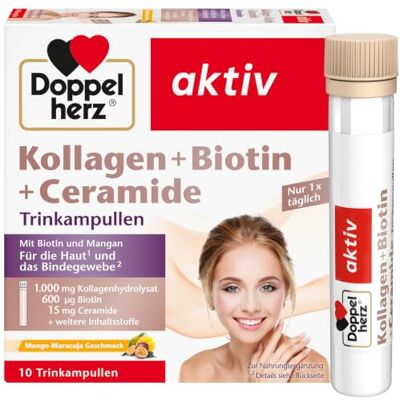 Doppelherz Kollagen + Biotin + Ceramide mit Mango-Maracuja Geschmack Biotin, Vitamin B2, Niacin und Zink unterstützen den Erhalt normaler Haut praktische Trinkampullen 10 Trinkampullen Doppelherz Kollagen + Biotin + Ceramide mit Mango-Maracuja Geschmack Biotin, Vitamin B2, Niacin und Zink unterstützen den Erhalt normaler Haut praktische Trinkampullen 10 Trinkampullen