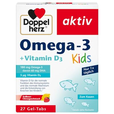 Doppelherz Omega-3 + Vitamin D3 Kids mit Erdbeer-Citrusgeschmack Vitamin D wird für ein gesundes Wachstum & eine gesunde Entwicklung der Knochen bei Kindern benötigt 27 Gel-Tabs Doppelherz Omega-3 + Vitamin D3 Kids mit Erdbeer-Citrusgeschmack Vitamin D wird für ein gesundes Wachstum & eine gesunde Entwicklung der Knochen bei Kindern benötigt 27 Gel-Tabs