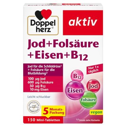 Doppelherz Jod + Folsäure + Eisen + B12 Mit Folsäure als Beitrag für die normale Blutbildung leict schluckbar– 150 vegane Mini-Tabletten Doppelherz Jod + Folsäure + Eisen + B12 Mit Folsäure als Beitrag für die normale Blutbildung leict schluckbar– 150 vegane Mini-Tabletten