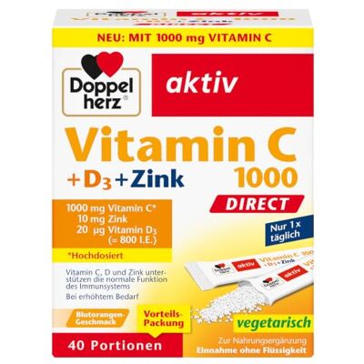 Doppelherz Vitamin C 1000 + D3 + Zink DIRECT Blutorangen-Geschmack Hochdosiert mit Vitamin C, Zink und Vitamin D3 zur Unterstützung einer normalen Funktion des Immunsystems 40 Portionen Doppelherz Vitamin C 1000 + D3 + Zink DIRECT Blutorangen-Geschmack Hochdosiert mit Vitamin C, Zink und Vitamin D3 zur Unterstützung einer normalen Funktion des Immunsystems 40 Portionen