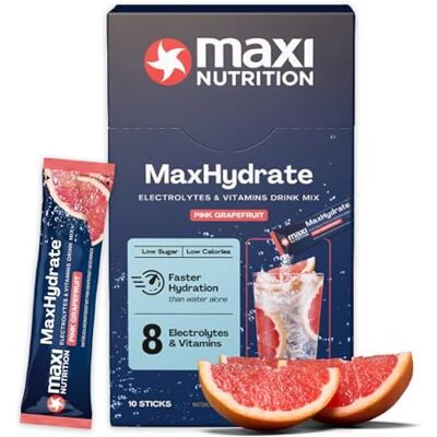MaxiNutrition MaxNutrition MaxHydrate Classic Elektrolyte Pulver, 10 Sticks mit 1.389 mg Elektrolyten, Isotonisches Getränkepulver zur besseren Flüssigkeitsversorgung des Körpers, Pink Grapefruit, Vitamin Drink MaxiNutrition MaxNutrition MaxHydrate Classic Elektrolyte Pulver, 10 Sticks mit 1.389 mg Elektrolyten, Isotonisches Getränkepulver zur besseren Flüssigkeitsversorgung des Körpers, Pink Grapefruit, Vitamin Drink