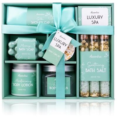 accentra Wellnessset LUXURY SPA in Geschenkbox, Wellness Geschenkset für Frauen mit 250 ml Bodylotion, 300 ml Körperpeeling, 3 x 50 g Badesalz, 120 g Massageseife, 100 g Duschbombe und Duschhaube accentra Wellnessset LUXURY SPA in Geschenkbox, Wellness Geschenkset für Frauen mit 250 ml Bodylotion, 300 ml Körperpeeling, 3 x 50 g Badesalz, 120 g Massageseife, 100 g Duschbombe und Duschhaube
