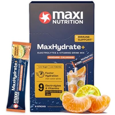MaxiNutrition MaxNutrition MaxHydrate+ Immun Elektrolyte 8 Sticks á 1.389 mg Elektrolyten, Vitamin C + D3 & Zink, Isotonisches Getränkepulver, Bessere Versorgung mit Flüssigkeit, Mandarin Calmansi, Vitamin Drink MaxiNutrition MaxNutrition MaxHydrate+ Immun Elektrolyte 8 Sticks á 1.389 mg Elektrolyten, Vitamin C + D3 & Zink, Isotonisches Getränkepulver, Bessere Versorgung mit Flüssigkeit, Mandarin Calmansi, Vitamin Drink