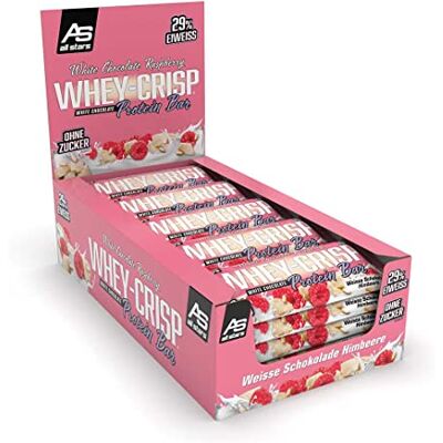 All Stars Whey Crisp Protein Riegel 25 x 50g White Chocolate Raspberry Mit ca. 15g Eiweiß & 18g Kohlenhydrate, Trainingssnack reich an hochwertigem Molkenprotein, mit extra-knusprigen Crispies All Stars Whey Crisp Protein Riegel 25 x 50g White Chocolate Raspberry Mit ca. 15g Eiweiß & 18g Kohlenhydrate, Trainingssnack reich an hochwertigem Molkenprotein, mit extra-knusprigen Crispies