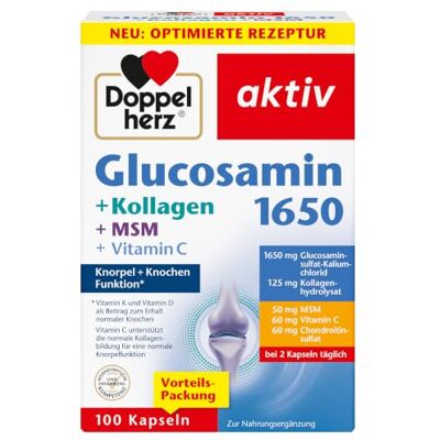 Doppelherz Glucosamin 1650 + Kollagen + MSM + Vitamin C 1650 mg Glucosaminsulfat-Kaliumchlorid + 125 mg Kollagenhydrolysat als Tagesdosis (2 Kapseln) 100 Kapseln Doppelherz Glucosamin 1650 + Kollagen + MSM + Vitamin C 1650 mg Glucosaminsulfat-Kaliumchlorid + 125 mg Kollagenhydrolysat als Tagesdosis (2 Kapseln) 100 Kapseln