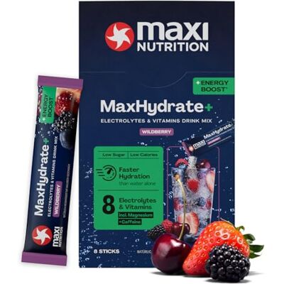 MaxiNutrition MaxNutrition MaxHydrate+ Energy Elektrolyte 8 Sticks mit 1.454 mg Elektrolyten & 100mg Koffein, Isotonisches Getränkepulver zur besseren Versorgung mit Flüssigkeit, Wild Berry, Vitamin Drink MaxiNutrition MaxNutrition MaxHydrate+ Energy Elektrolyte 8 Sticks mit 1.454 mg Elektrolyten & 100mg Koffein, Isotonisches Getränkepulver zur besseren Versorgung mit Flüssigkeit, Wild Berry, Vitamin Drink