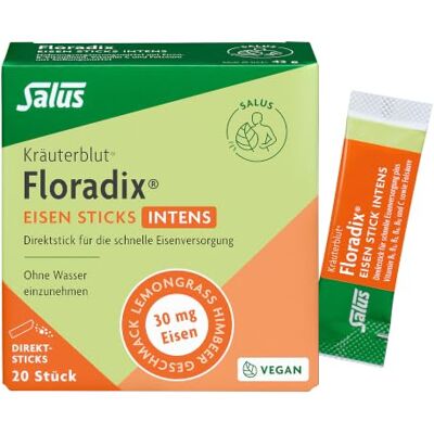 Salus Floradix Eisen Sticks intens – 1 x 20 Direktsticks (43 g) Nahrungsergänzungsmittel mit Eisen, Vitamin C sowie B-Vitaminen – Direktstick ohne Wasser – vegan Salus Floradix Eisen Sticks intens – 1 x 20 Direktsticks (43 g) Nahrungsergänzungsmittel mit Eisen, Vitamin C sowie B-Vitaminen – Direktstick ohne Wasser – vegan