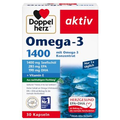Doppelherz Omega-3 1400 Hochdosiertes Omega-3-Konzentrat plus Vitamin E Hoher Gehalt an Omega-3-Fettsäuren EPA & DHA 30 Kapseln Doppelherz Omega-3 1400 Hochdosiertes Omega-3-Konzentrat plus Vitamin E Hoher Gehalt an Omega-3-Fettsäuren EPA & DHA 30 Kapseln