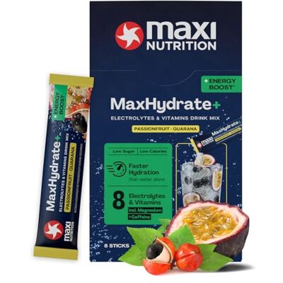 MaxiNutrition MaxNutrition MaxHydrate+ Energy Elektrolyte 8 Sticks mit 1.454 mg Elektrolyten & 100mg Koffein, Isotonisches Getränkepulver zur besseren Versorgung mit Flüssigkeit, Passionfruit Guarana, Vitamin Drink MaxiNutrition MaxNutrition MaxHydrate+ Energy Elektrolyte 8 Sticks mit 1.454 mg Elektrolyten & 100mg Koffein, Isotonisches Getränkepulver zur besseren Versorgung mit Flüssigkeit, Passionfruit Guarana, Vitamin Drink
