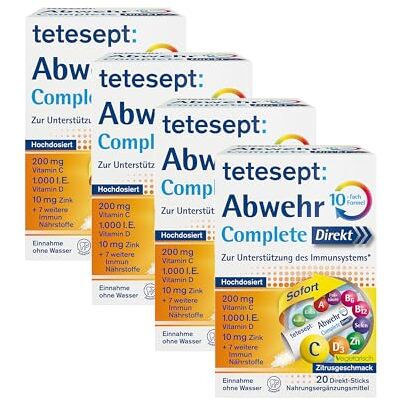 tetesept Abwehr Complete Direkt Sticks, Immunsystem, 4 x 20 Sticks 10-fach Formel mit Vitamin C, D3 & Zink, Zitrusgeschmack, vegetarisch, laktose- & glutenfrei tetesept Abwehr Complete Direkt Sticks, Immunsystem, 4 x 20 Sticks 10-fach Formel mit Vitamin C, D3 & Zink, Zitrusgeschmack, vegetarisch, laktose- & glutenfrei