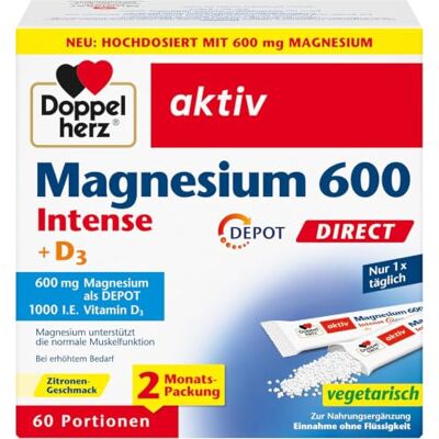Doppelherz Magnesium 600 Intense + D3 DEPOT DIRECT mit Zitronen-Geschmack Hochdosiert mit 600 mg Magnesium plus 25 μg Vitamin D pro Portionsbeutel- praktisch für Unterwegs- 60 Portionen Doppelherz Magnesium 600 Intense + D3 DEPOT DIRECT mit Zitronen-Geschmack Hochdosiert mit 600 mg Magnesium plus 25 μg Vitamin D pro Portionsbeutel- praktisch für Unterwegs- 60 Portionen
