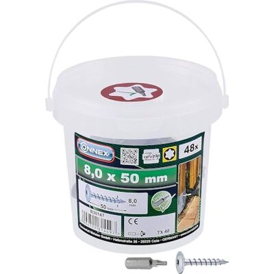 Connex Pfostenschrauben 8,0 x 50 mm 48 Stück TX-Antrieb Vollgewinde Zur Befestigung von Beschlägen & Verbindern Inkl. Bit / Pfostenverbinder-Schraube / Schrauben-Eimer / B30147 Connex Pfostenschrauben 8,0 x 50 mm 48 Stück TX-Antrieb Vollgewinde Zur Befestigung von Beschlägen & Verbindern Inkl. Bit / Pfostenverbinder-Schraube / Schrauben-Eimer / B30147
