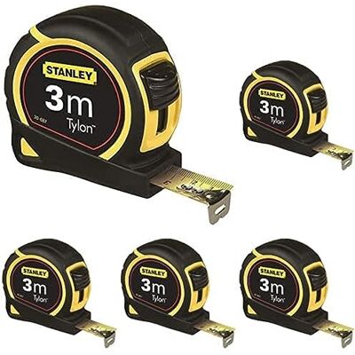 Stanley 1-30-687 Bandmass Tylon, 3 m, Tylon-Polymer Schutzschicht, verschiebbarer Endhaken, Kunststoffgehäuse, Packung mit 5 Stanley 1-30-687 Bandmass Tylon, 3 m, Tylon-Polymer Schutzschicht, verschiebbarer Endhaken, Kunststoffgehäuse, Packung mit 5