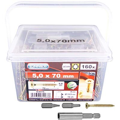 Connex Universalschrauben 5,0 x 70 mm 160 Stück im Set Senkkopf TX-Antrieb Teilgewinde Gelb verzinkt Inkl. Magnethalter & 2 Bits / Schrauben-Set / Schrauben-Eimer / B30176 Connex Universalschrauben 5,0 x 70 mm 160 Stück im Set Senkkopf TX-Antrieb Teilgewinde Gelb verzinkt Inkl. Magnethalter & 2 Bits / Schrauben-Set / Schrauben-Eimer / B30176