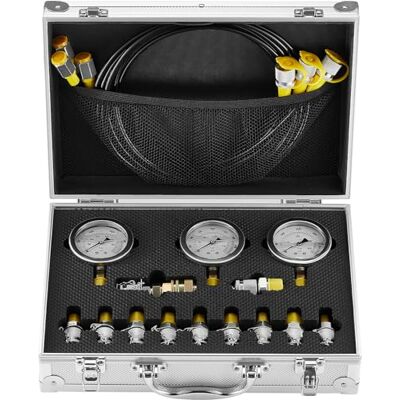 VEVOR Hydraulikdruck-Testset, 250/400 / 600 bar, 3 Messgeräte, 11 Prüfkupplungen, 3 Prüfschläuche, Bagger-Hydraulik-Testmessgeräte-Set mit Tragbarer Tragetasche für Bagger, Traktoren, Baumaschinen VEVOR Hydraulikdruck-Testset, 250/400 / 600 bar, 3 Messgeräte, 11 Prüfkupplungen, 3 Prüfschläuche, Bagger-Hydraulik-Testmessgeräte-Set mit Tragbarer Tragetasche für Bagger, Traktoren, Baumaschinen