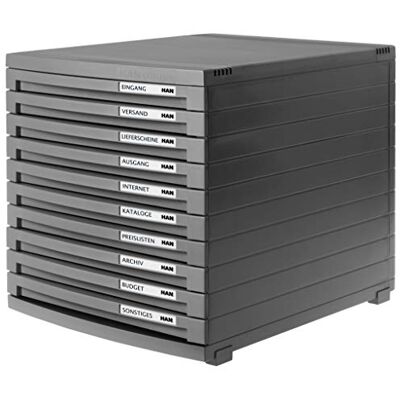 HAN Schubladenbox CONTUR mit 10 flachen offenen Schubladen bis Format B4, inkl. Auszugsperre, inkl. Beschriftungsschildern, Gummifüße, modular erweiterbares Schubladensystem, 1510-191, dunkelgrau HAN Schubladenbox CONTUR mit 10 flachen offenen Schubladen bis Format B4, inkl. Auszugsperre, inkl. Beschriftungsschildern, Gummifüße, modular erweiterbares Schubladensystem, 1510-191, dunkelgrau
