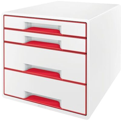 Leitz CUBE Schubladenbox mit 4 Schubladen, Hochwertiger A4-Schreibtisch-Schubladenschrank inkl. transparentem Schubladeneinsatz, Für Büro, Home Office, Kinderzimmer, Weiß / Rot, WOW Serie, 52132026 Leitz CUBE Schubladenbox mit 4 Schubladen, Hochwertiger A4-Schreibtisch-Schubladenschrank inkl. transparentem Schubladeneinsatz, Für Büro, Home Office, Kinderzimmer, Weiß / Rot, WOW Serie, 52132026