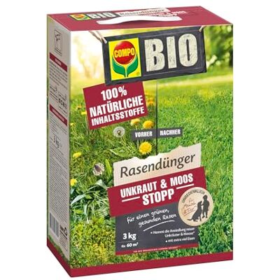 Compo BIO Rasendünger Unkraut und Moos Stopp, 3 kg für 60 m², Dünger Rasen Verhindert Ansiedlung von Moos und Unkräutern, natürliche Inhaltsstoffe Compo BIO Rasendünger Unkraut und Moos Stopp, 3 kg für 60 m², Dünger Rasen Verhindert Ansiedlung von Moos und Unkräutern, natürliche Inhaltsstoffe
