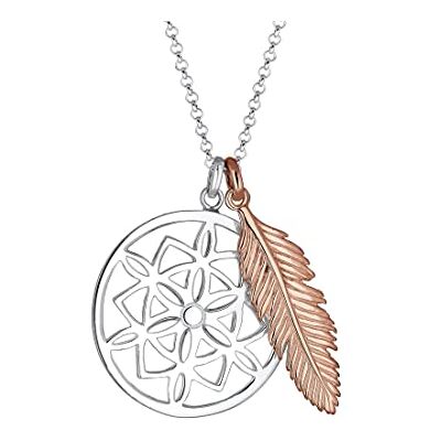 Elli Halskette Silber 925 Rosé 18K Vergoldet Bicolor Ornament Traumfänger Feder Anhänger Kette Damen Schmuck Geschenke für Frauen Mädchen Mama Freundin, Silberkette Länge 45 cm Elli Halskette Silber 925 Rosé 18K Vergoldet Bicolor Ornament Traumfänger Feder Anhänger Kette Damen Schmuck Geschenke für Frauen Mädchen Mama Freundin, Silberkette Länge 45 cm