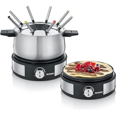 Severin Fondue-Crêpes-Kombination, spülmaschinengeeignetes Fondueset mit 8 farblich markierten Gabeln, Fondue-Crêpes Maker-Kombi aus Edelstahl, schwarz, FO 2471 Severin Fondue-Crêpes-Kombination, spülmaschinengeeignetes Fondueset mit 8 farblich markierten Gabeln, Fondue-Crêpes Maker-Kombi aus Edelstahl, schwarz, FO 2471