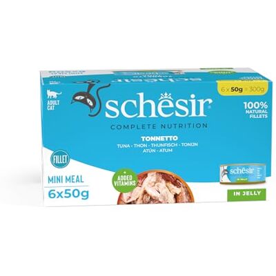 Schesir , Bonito in Gelee, Vollwertiges Nassfutter für Katzen, In Dose, Mit Zugesetzten Vitaminen, 100% Natürliche Filets, Cruelty-Free, 6 x 50 g Schesir , Bonito in Gelee, Vollwertiges Nassfutter für Katzen, In Dose, Mit Zugesetzten Vitaminen, 100% Natürliche Filets, Cruelty-Free, 6 x 50 g