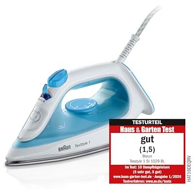 Braun Dampfbügeleisen TexStyle 1 SI1029BL, Bügeleisen, Antihaftbeschichtete Bügelsohle, 120 g/min Dampfstoß, Leitungswassergeeignet, schnelles Aufheizen (35 Sek.), 220 ml, 1.900 Watt, Blau Braun Dampfbügeleisen TexStyle 1 SI1029BL, Bügeleisen, Antihaftbeschichtete Bügelsohle, 120 g/min Dampfstoß, Leitungswassergeeignet, schnelles Aufheizen (35 Sek.), 220 ml, 1.900 Watt, Blau