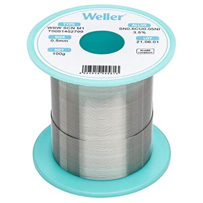 Weller WSW SCN M1 (T0051402799) Bleifreier Lötdraht, 0,5 mm, Legierung Sn99.3Cu0.6Ni0.05, Flussmittelgehalt 3,5%, 100 g Silber Weller WSW SCN M1 (T0051402799) Bleifreier Lötdraht, 0,5 mm, Legierung Sn99.3Cu0.6Ni0.05, Flussmittelgehalt 3,5%, 100 g Silber