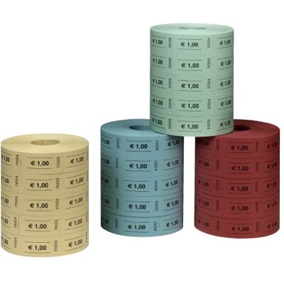 Herlitz Wertmarken 1 Euro, 5 Rollen à 1000 Abrisse, fortlaufend nummeriert – Papier, Farben sortiert, keine Farbauswahl, Abrissmarken für Kantine, Veranstaltungen Herlitz Wertmarken 1 Euro, 5 Rollen à 1000 Abrisse, fortlaufend nummeriert – Papier, Farben sortiert, keine Farbauswahl, Abrissmarken für Kantine, Veranstaltungen