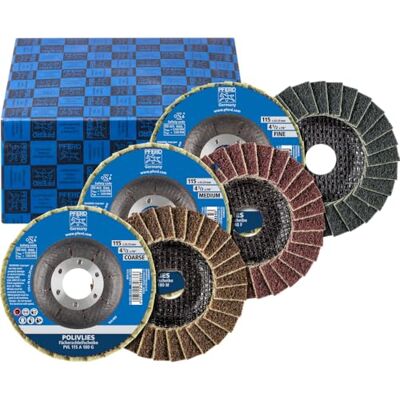 PFERD TOOLS POLIVLIES-Fächerscheiben-Set PVL 115 Durchmesser 115mm, Breite 18mm, Bohrung 22,23mm, Korund A 100,180,280 44698007- für Feinschliff PFERD TOOLS POLIVLIES-Fächerscheiben-Set PVL 115 Durchmesser 115mm, Breite 18mm, Bohrung 22,23mm, Korund A 100,180,280 44698007- für Feinschliff