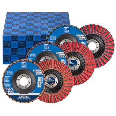 PFERD TOOLS POLIVLIES-Fächerscheiben Set PVZ Keramik Durchmesser 115mm, Breite 18mm, Bohrung 22,23mm, Schleifmittel CO-COOL, Korngröße 60/G,80/M,120/F 44698008 für Feinschliff PFERD TOOLS POLIVLIES-Fächerscheiben Set PVZ Keramik Durchmesser 115mm, Breite 18mm, Bohrung 22,23mm, Schleifmittel CO-COOL, Korngröße 60/G,80/M,120/F 44698008 für Feinschliff