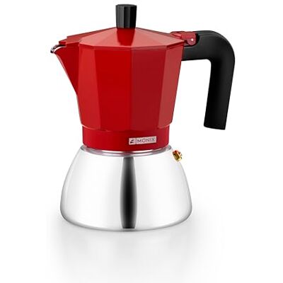 Monix Induction Inox Italienischer Kaffeekocher aus Aluminium und Edelstahl, Fassungsvermögen für 6 Tassen, hitzebeständiger Griff, geeignet für alle Herdarten einschließlich Induktion, Rot Monix Induction Inox Italienischer Kaffeekocher aus Aluminium und Edelstahl, Fassungsvermögen für 6 Tassen, hitzebeständiger Griff, geeignet für alle Herdarten einschließlich Induktion, Rot
