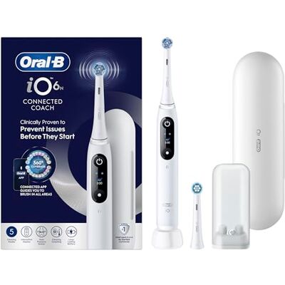 Oral-B Elektrische Zahnbürste iO 6, 2 Ersatzbürsten, weiß – 5 Putzmodi, einschließlich Aufhellung und Zahnfleischpflege, Drucksensor, wiederaufladbarer Akku, interaktives Display, Etui Oral-B Elektrische Zahnbürste iO 6, 2 Ersatzbürsten, weiß – 5 Putzmodi, einschließlich Aufhellung und Zahnfleischpflege, Drucksensor, wiederaufladbarer Akku, interaktives Display, Etui