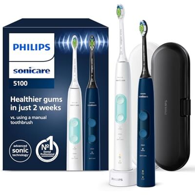 Philips Sonicare ProtectiveClean 5100 elektrische Zahnbürste, Schallzahnbürste mit 3 Putzmodi, Clean und White, Drucksensor, Timer und Reiseetui, Weiß und Blau, 2er-Pack, Modell HX6851/34 Philips Sonicare ProtectiveClean 5100 elektrische Zahnbürste, Schallzahnbürste mit 3 Putzmodi, Clean und White, Drucksensor, Timer und Reiseetui, Weiß und Blau, 2er-Pack, Modell HX6851/34