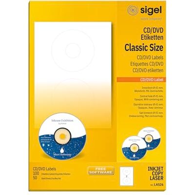 Sigel LA526 CD-/DVD-Etiketten selbstklebend, bedruckbar, weiß, blickdicht, 100 Etiketten = 50 Blatt, mit Zentrierhilfe, ClassicSize 41 mm Innenloch Sigel LA526 CD-/DVD-Etiketten selbstklebend, bedruckbar, weiß, blickdicht, 100 Etiketten = 50 Blatt, mit Zentrierhilfe, ClassicSize 41 mm Innenloch