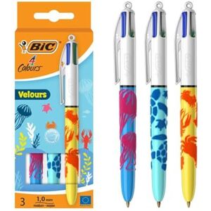 BIC 4 Colours Velours, Kugelschreiber, mittlere Spitze, 1 mm, verschiedene Designs, Blau, Rot, Grün, Schwarz, 3 Stück BIC 4 Colours Velours, Kugelschreiber, mittlere Spitze, 1 mm, verschiedene Designs, Blau, Rot, Grün, Schwarz, 3 Stück