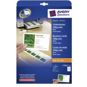 Avery C32011-10 Superior Visitenkarten, blanko (100 Stück, 200g, 85x54 mm, einseitig bedruckbar, matt weiß, absolut glatte Kanten, 10 Blatt) zum Selbstbedrucken auf allen Druckern Avery C32011-10 Superior Visitenkarten, blanko (100 Stück, 200g, 85x54 mm, einseitig bedruckbar, matt weiß, absolut glatte Kanten, 10 Blatt) zum Selbstbedrucken auf allen Druckern