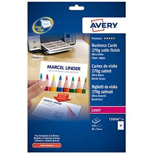 Avery Zweckform C32026-25 Premium Visitenkarten, blanko (250 Stück, 270g, 85x54 mm, beidseitig bedruckbar, satiniert ultraweiß, absolut glatte Kanten, 25 Blatt) zum Selbstbedrucken auf Laser-Druckern Avery Zweckform C32026-25 Premium Visitenkarten, blanko (250 Stück, 270g, 85x54 mm, beidseitig bedruckbar, satiniert ultraweiß, absolut glatte Kanten, 25 Blatt) zum Selbstbedrucken auf Laser-Druckern