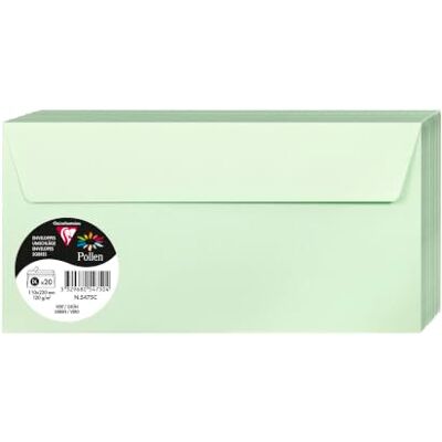 Clairefontaine 5475C Packung mit 20 Umschläge Pollen, Format DL, 110 x 220 mm, 120 g, ideal für Einladungen und Korrespondenz, Grün, 1 Pack Clairefontaine 5475C Packung mit 20 Umschläge Pollen, Format DL, 110 x 220 mm, 120 g, ideal für Einladungen und Korrespondenz, Grün, 1 Pack