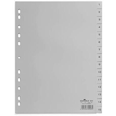 Durable Zahlenregister (A4, geprägte Taben 1-15, PP volldeckend) 20 Stück, grau, 652410 Durable Zahlenregister (A4, geprägte Taben 1-15, PP volldeckend) 20 Stück, grau, 652410