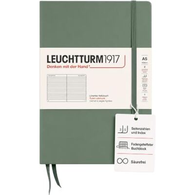 LEUCHTTURM1917 365490 Notizbuch Medium (A5), Hardcover, 251 nummerierte Seiten, Olive, liniert LEUCHTTURM1917 365490 Notizbuch Medium (A5), Hardcover, 251 nummerierte Seiten, Olive, liniert