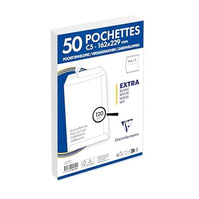 Clairefontaine 824250C Packung mit 50 Versandtaschen weiß C5-162x229 mm, selbstklebend, 120g, 1 Pack Clairefontaine 824250C Packung mit 50 Versandtaschen weiß C5-162x229 mm, selbstklebend, 120g, 1 Pack
