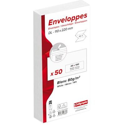 Calligraphe Clairefontaine 10735C Packung mit 50 Umschlägen DL-110x220mm, selbstklebend, 80g, mit Sichtfenster 35x100 (20/20), Weiß, 1 Pack Calligraphe Clairefontaine 10735C Packung mit 50 Umschlägen DL-110x220mm, selbstklebend, 80g, mit Sichtfenster 35x100 (20/20), Weiß, 1 Pack