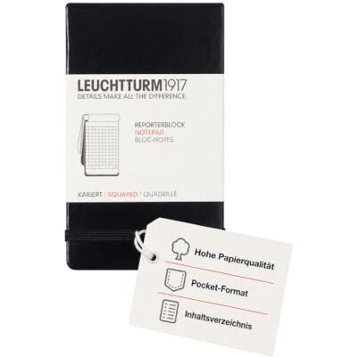 LEUCHTTURM1917 333843 Reporterblock Pocket (A6), Hardcover, 94 nummerierte Seiten, kariert, Schwarz LEUCHTTURM1917 333843 Reporterblock Pocket (A6), Hardcover, 94 nummerierte Seiten, kariert, Schwarz