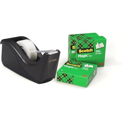 Scotch Klebebandabroller C60, Schwarz + Magic Tape, 4 Rollen, 19 mm x 33 m Nachfüllbarer Abroller mit Mattem Universalklebeband; zum Reparieren, Beschriften und Verschließen Scotch Klebebandabroller C60, Schwarz + Magic Tape, 4 Rollen, 19 mm x 33 m Nachfüllbarer Abroller mit Mattem Universalklebeband; zum Reparieren, Beschriften und Verschließen