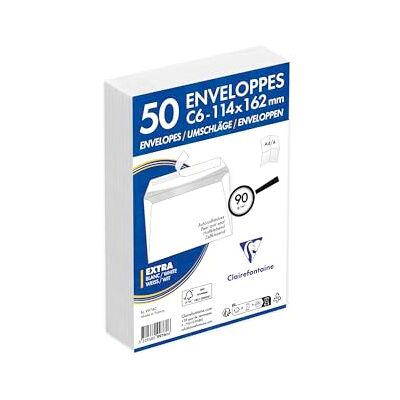 Clairefontaine 9976C Packung mit 50 Umschlägen weiß C6-114x162mm, vertraulich, selbstklebend, 90g, 1 Pack Clairefontaine 9976C Packung mit 50 Umschlägen weiß C6-114x162mm, vertraulich, selbstklebend, 90g, 1 Pack