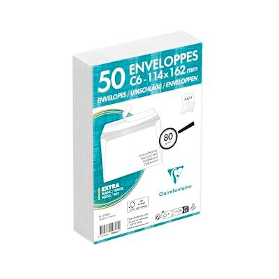 Clairefontaine 5936C Packung mit 50 Umschlägen weiß C6-114x162mm, vertraulich, selbstklebend, 80g, 1 Pack Clairefontaine 5936C Packung mit 50 Umschlägen weiß C6-114x162mm, vertraulich, selbstklebend, 80g, 1 Pack